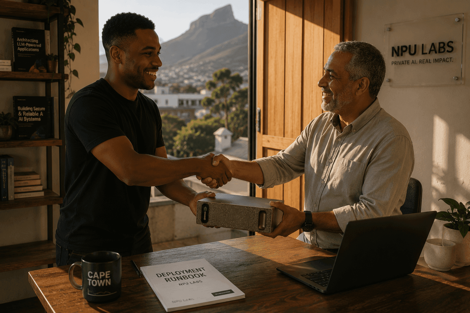 An NPU Labs engineer handing a private AI computer and a deployment runbook to a client with a handshake, Cape Town visible through the window.