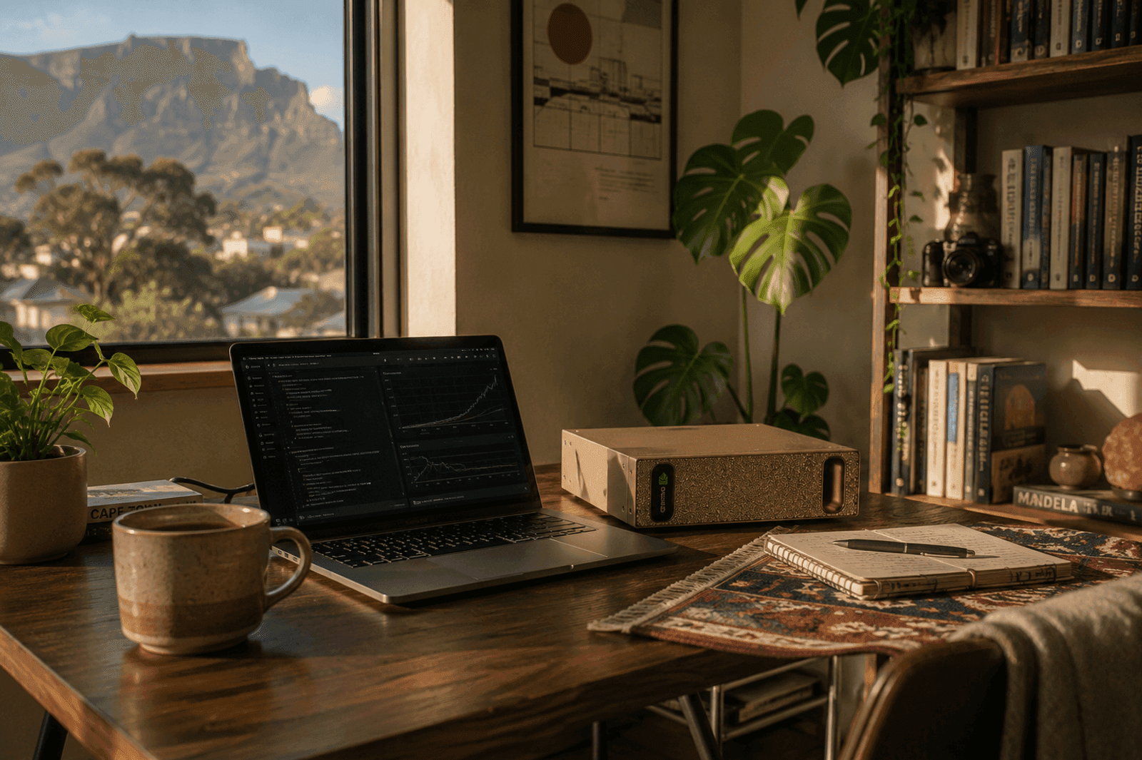 A private AI computer and a laptop showing training metrics on a warm wooden desk in a Cape Town home, Table Mountain visible through the window.